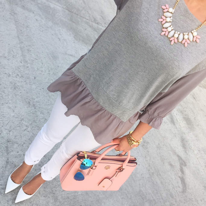 Chicwish my fav grey dolly top Rayban mirror sunglasses Tory burch pink purse BP leaf necklace Manolo Blahnik bb white pumps