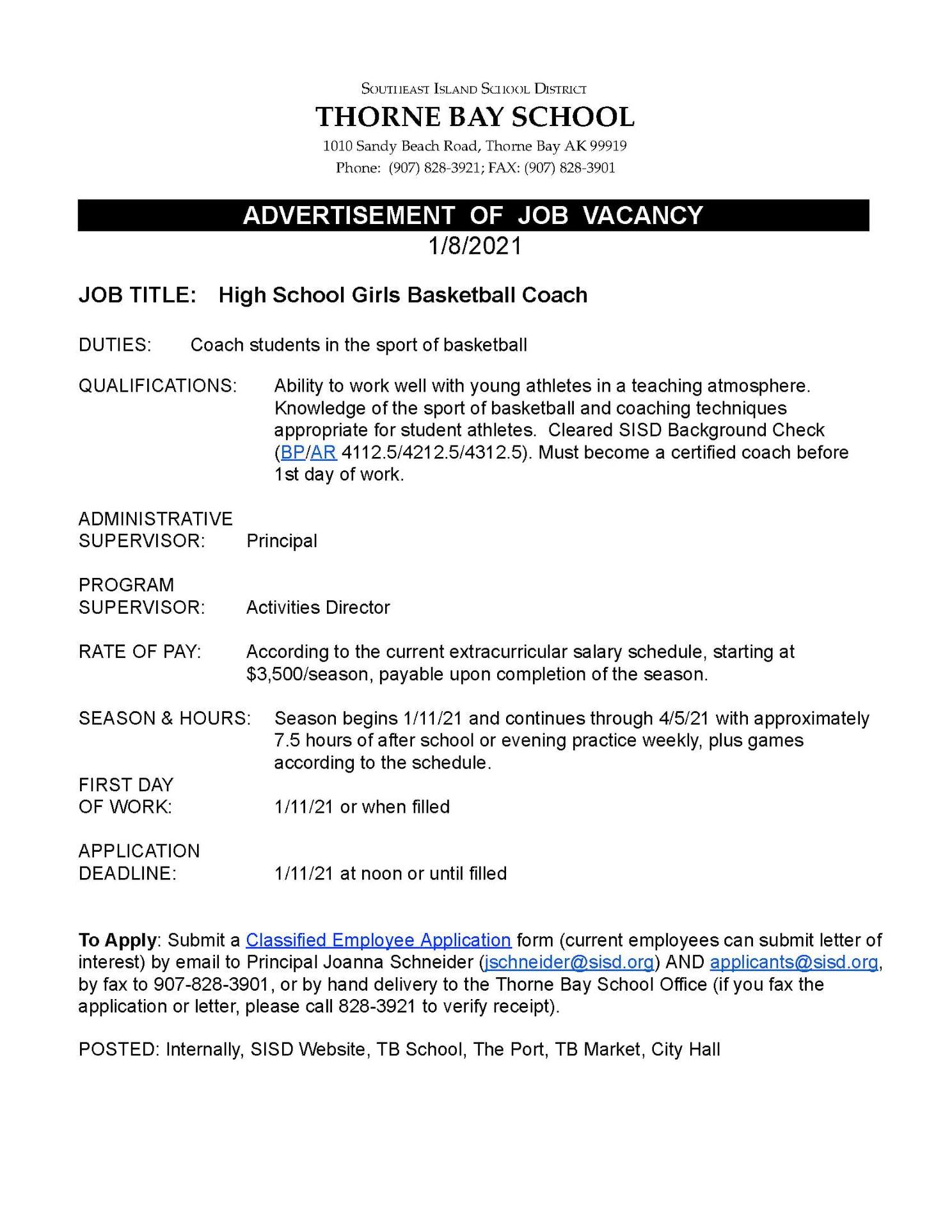 [Job Posting] Thorne Bay High School Girls Basketball Coach P.O.W. Report