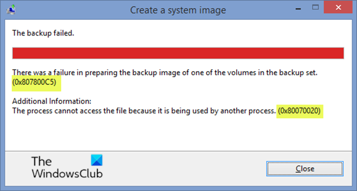 Errori di backup dell'immagine di sistema 0x807800C5 e 0x80070020