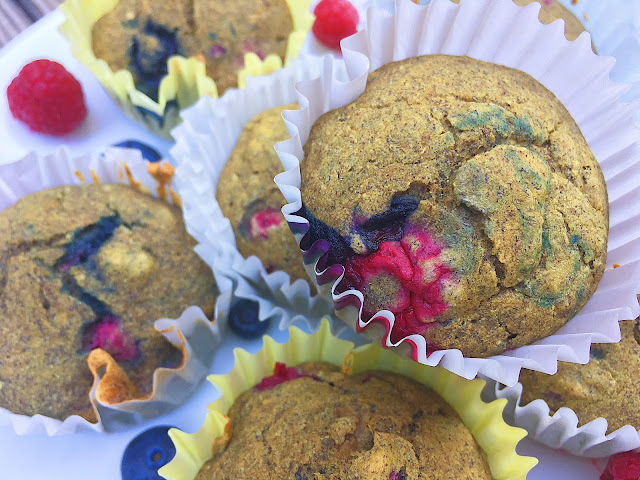 Triple Berry "Whole Grain" Gluten Free Muffins (Vegan, Oil Free, Refined Sugar Free)