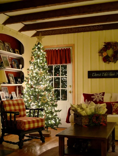 Cottage Style Christmas Living Room Cottage Style Christmas Living Room with lit tree and buffalo check chair
