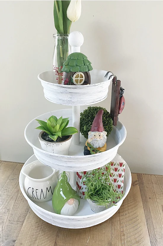 white tiered tray with Spring decor