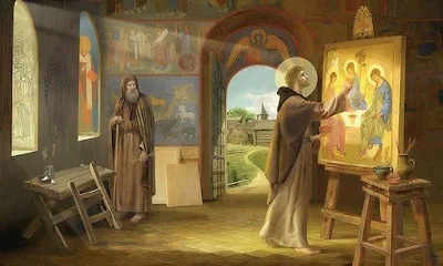 The Russian iconographer Saint Andrew Rublev, painting the icon of Holy Trinity, by Natalia Klimova