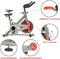 Sunny Health & Fitness Pro II Indoor Cycle's features include emergency stop brake, water bottle holder, floor stabilizers, transport wheels