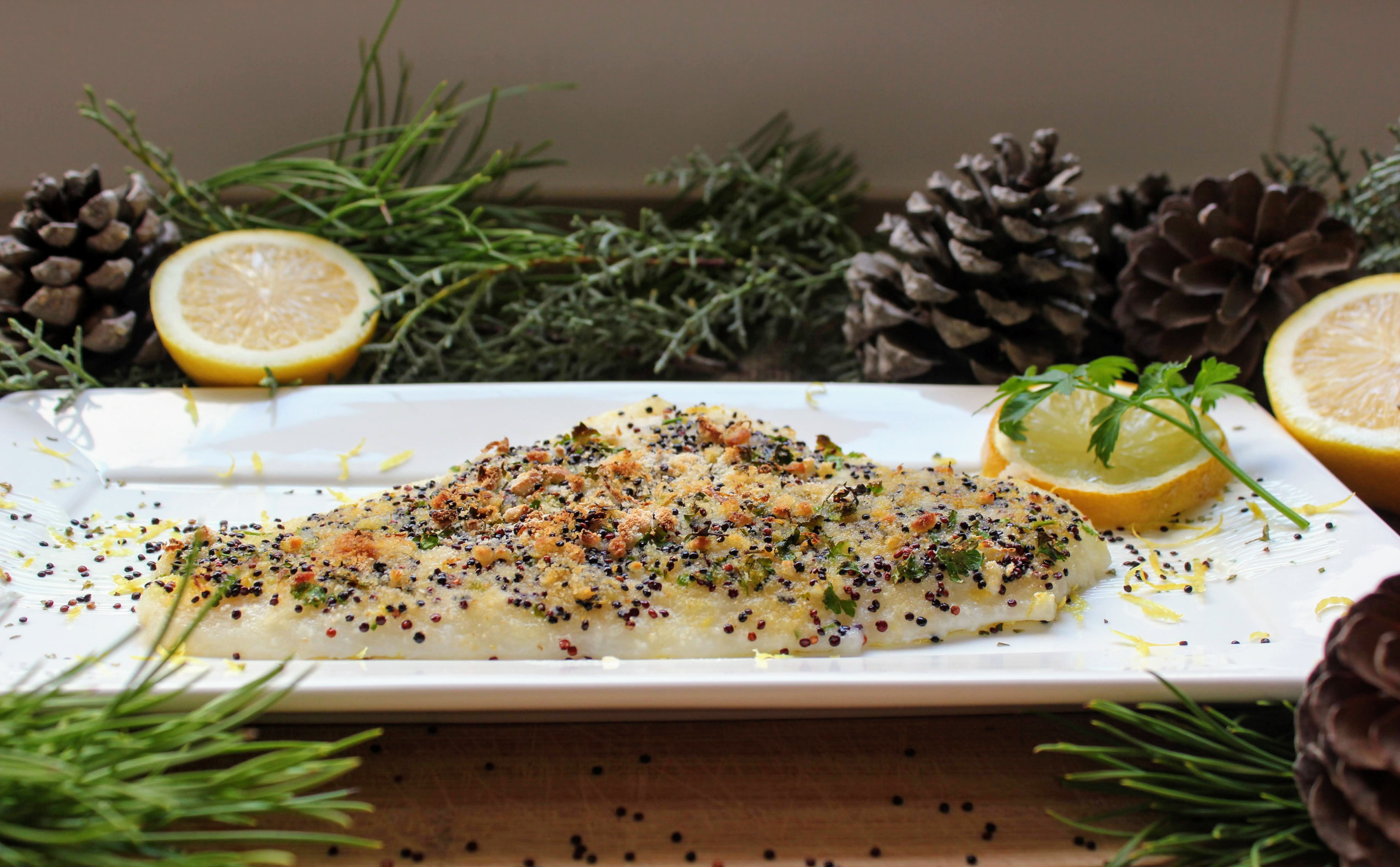 Filetes de Halibut con Costra Crujiente de Quinoa Roja y Alioli de