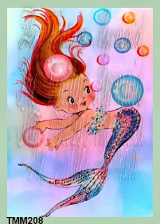 merbaby and lots of bubbles on baby mermaid fabric blocks by vintagemermaidsfabricblocks.com