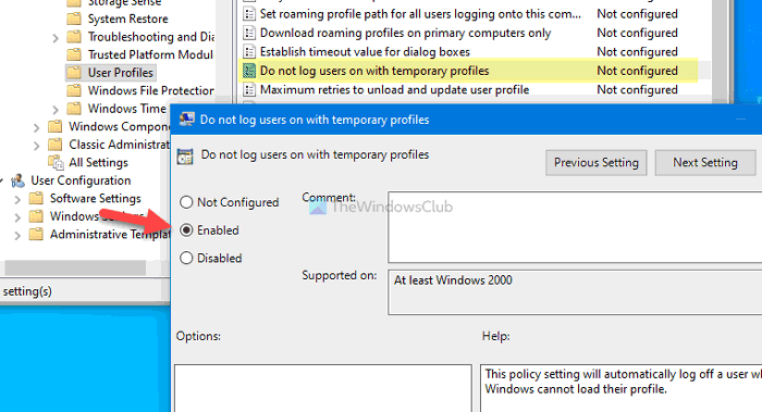 ห้ามเข้าสู่ระบบผู้ใช้ด้วยโปรไฟล์ชั่วคราวใน Windows 10