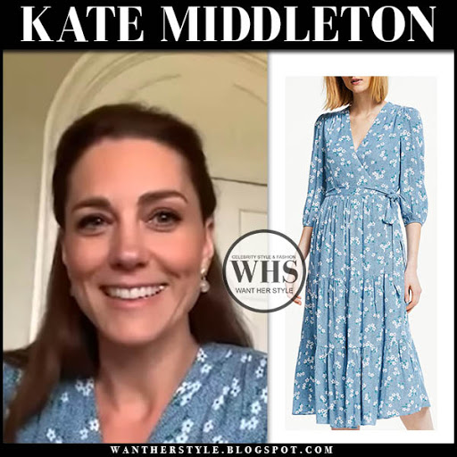 Kate Middleton in blue floral print dress on May 2 - gossip-glamb