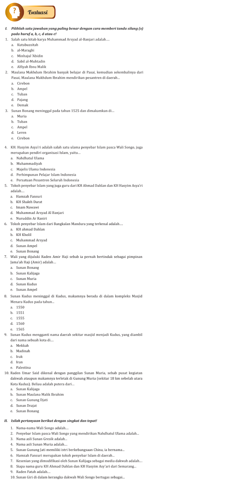 SOAL PELAJARAN SKI KELAS XII BAB III TENTANG SEJARAH WALI