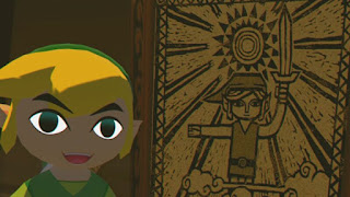 Link smiling in front of an artwork of the Hero