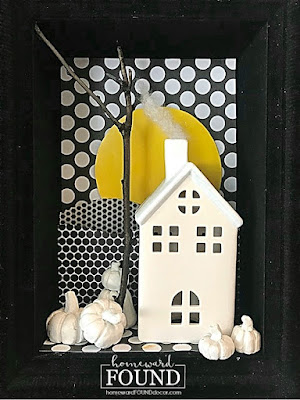 art,wall art,paper,paper crafts,pumpkins,Halloween,fall,DIY,diy decorating,home decor,thrifted,re-purposed,up-cycling,trash to treasure,dollar store crafts,fall home decor,Halloween home decor,Halloween decorating,haunted village mantel display,shadowbox art,Halloween shadowbox, miniatures.