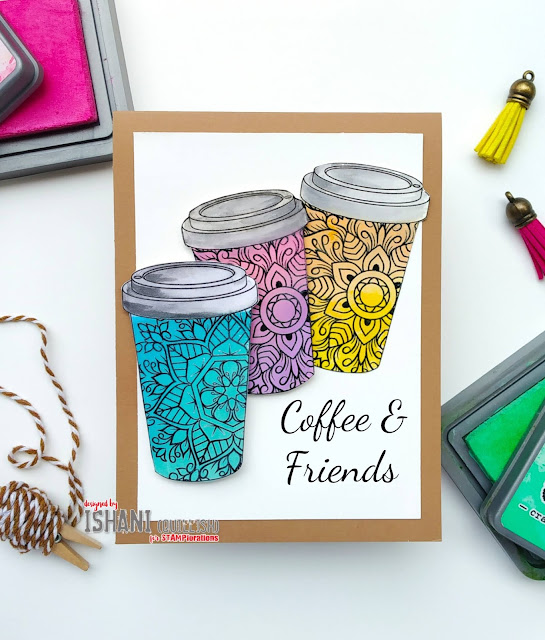 Stamplorations, guest designing, coffee cup card, shaped card, Digital stamp, Copic markers, Ink blending, distress oxide ink, Stamplorations digital stamp bloomdala card