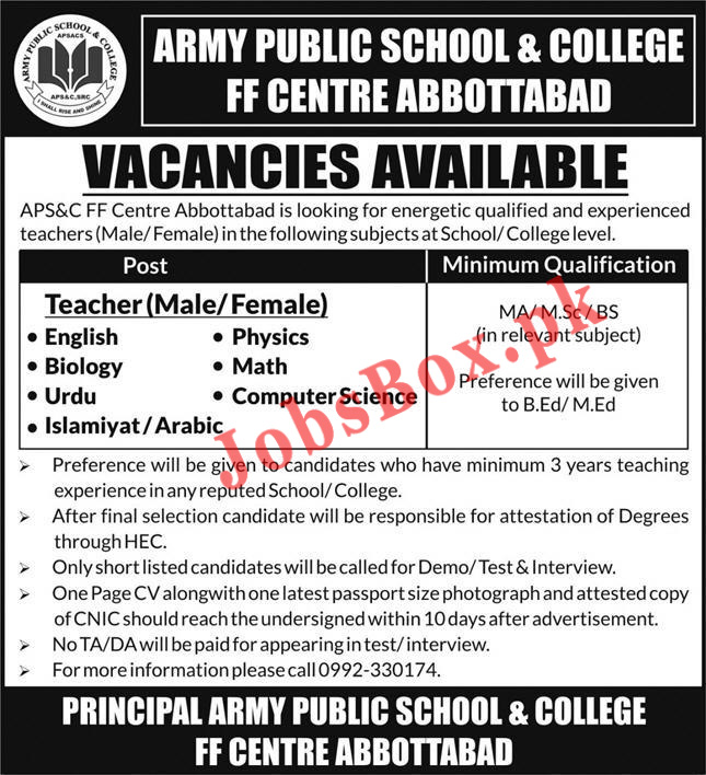 Army Public School APS & College Abbottabad Jobs 2021 in Pakistan