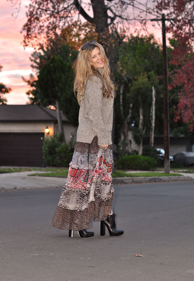 floral maxi dress with sweater for fall