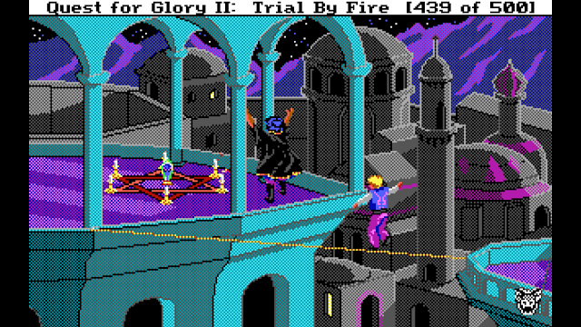 The Thief Hero sneaks up on Ad Avis in Quest for Glory II by walking the tightrope