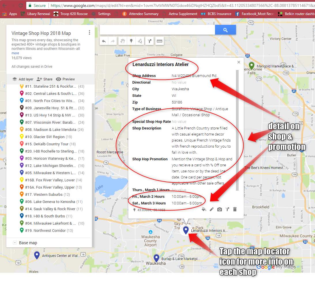 Vintage Shop Hop GOOGLE MAP of SHOPS MARCH 1 & 2, 2024