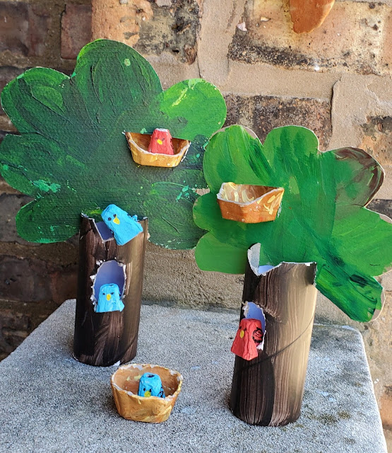 Upcycled spring craft egg carton birds in trees the ReFab Diaries