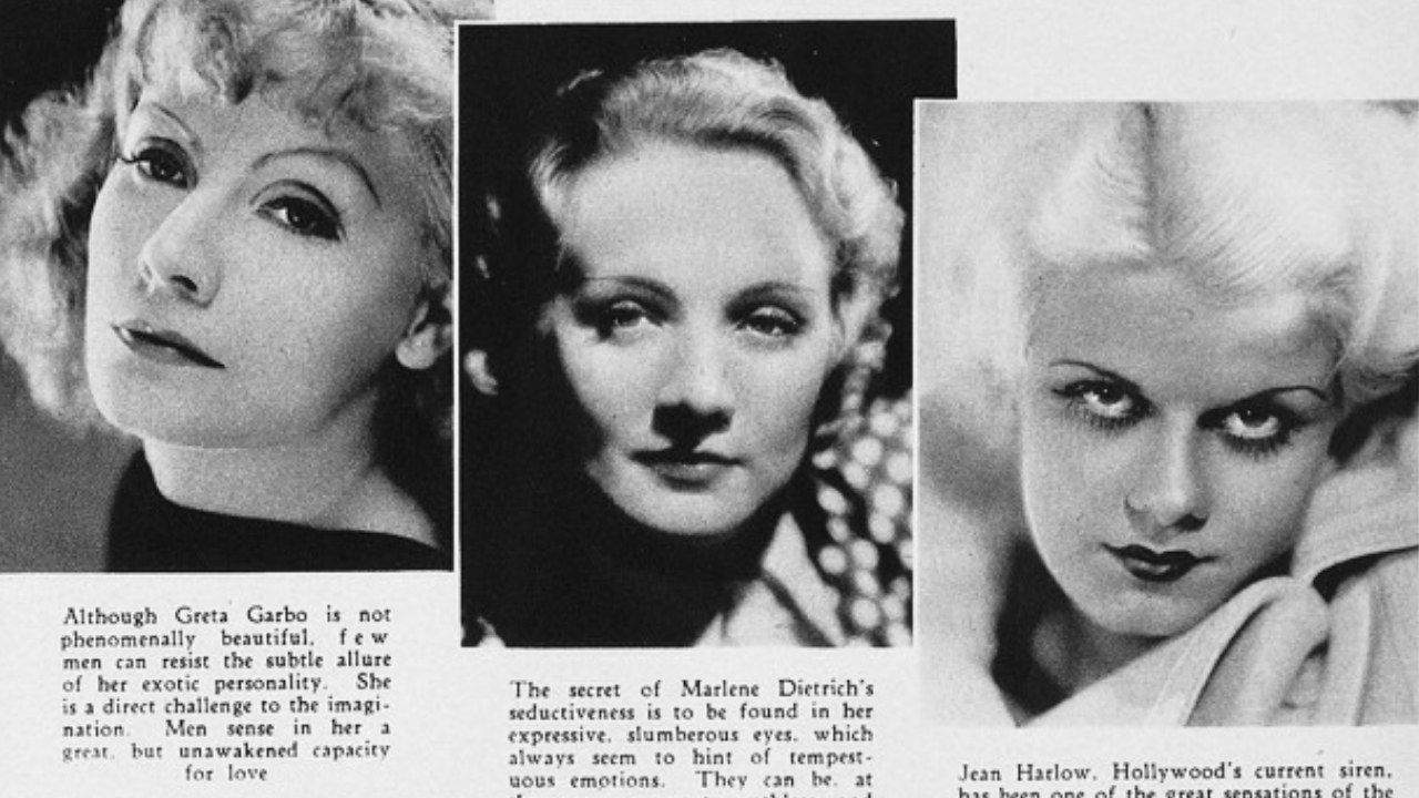 À esquerda Greta Garbo, no meio Marlene Dietrich e à direita Jean Harlow