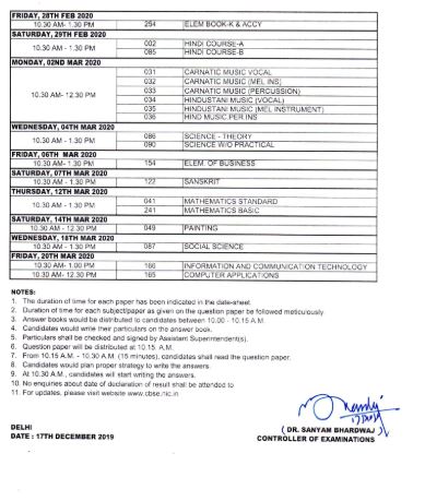 CBSE exam 10th date sheet for 2020 exam