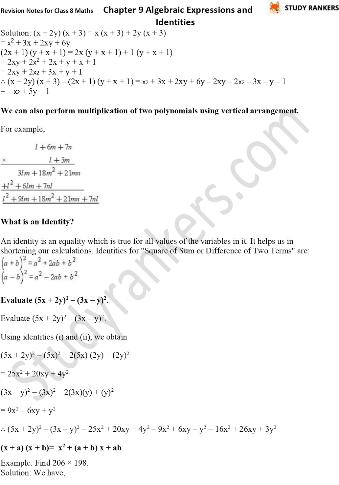 CBSE Revision Notes for Class 8 Chapter 9 Algebraic Expressions and Identities Part 3