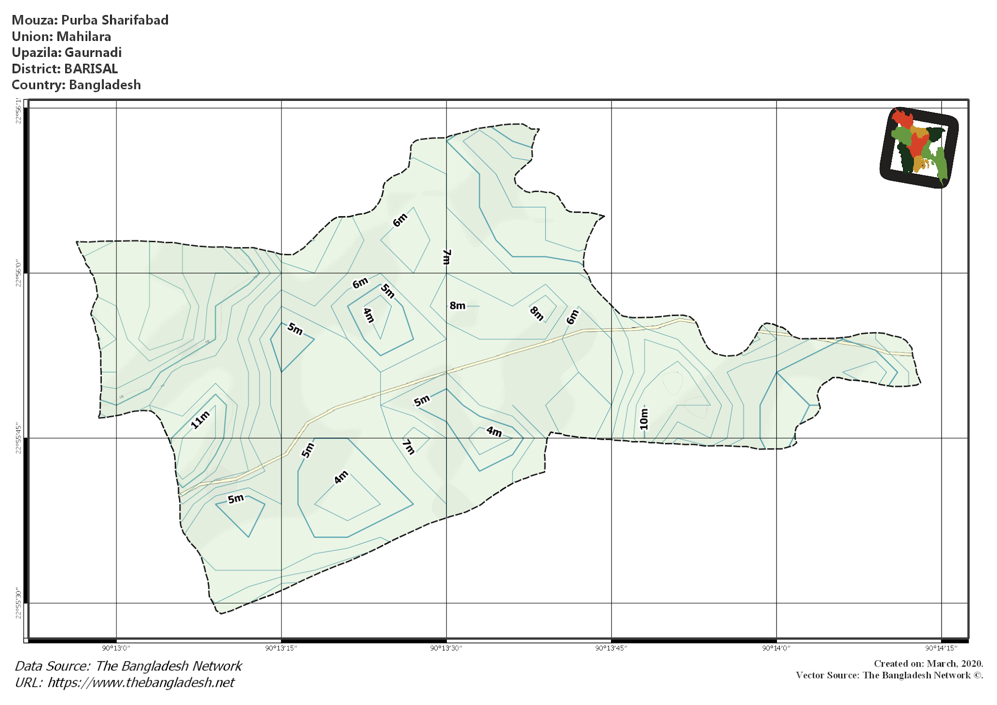 Map of Purba Sharifabad Mouza of Gaurnadi Upazila, BARISAL, Bangladesh.