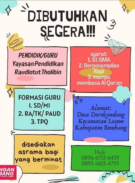 Lowongan Kerja Guru Yayasan Pendidikan Raudlotut Tholibin Dorokandang Lasem Rembang Lowongan Kerja Guru Yayasan Pendidikan Raudlotut Tholibin Dorokandang Lasem Rembang