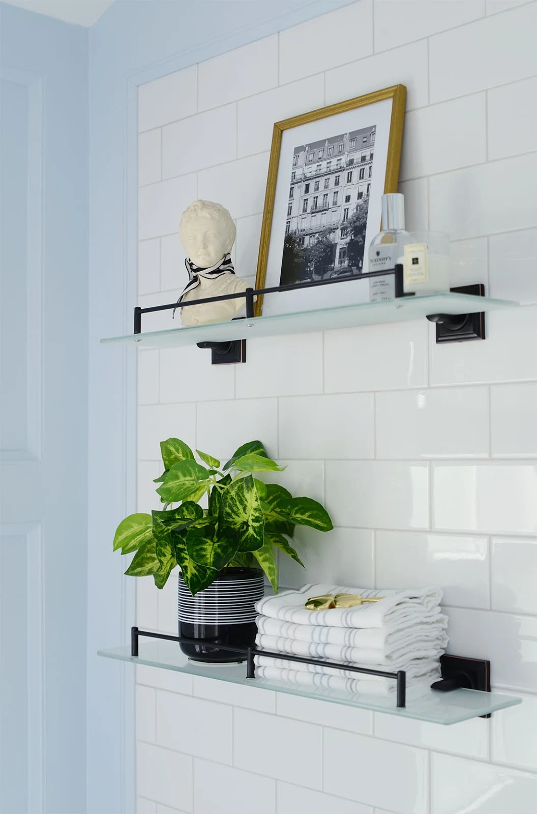 french style bathroom, home depot bathroom remodel, light blue bathroom, single sink white vanity, diy wall panelling in bathroom