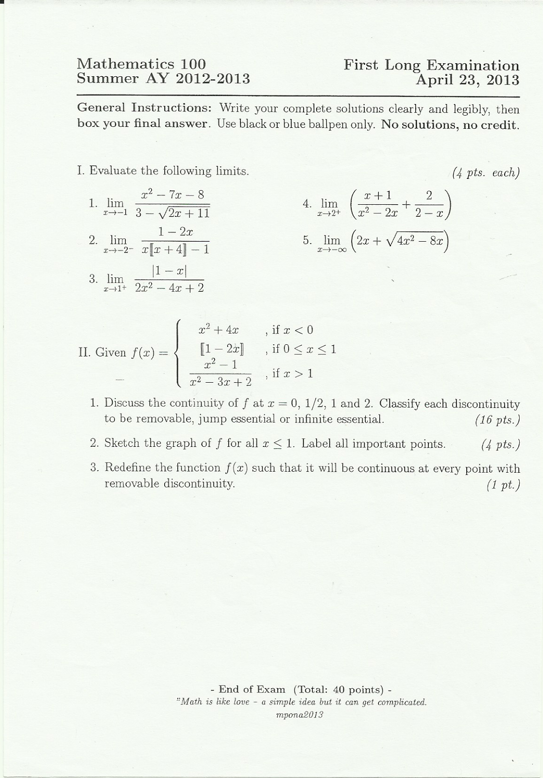 Upd Bs Math UPD Samplexes, Readings, and Materials: UPD Math 100 Samplexes for ...
