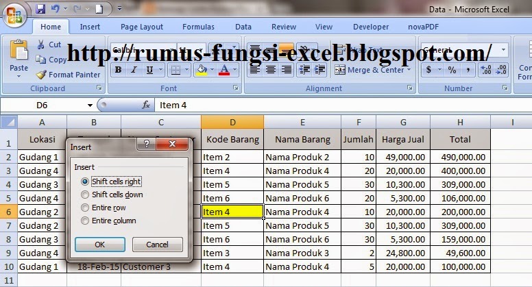 Rumus Fungsi Excel Insert Shift Cell di Excel