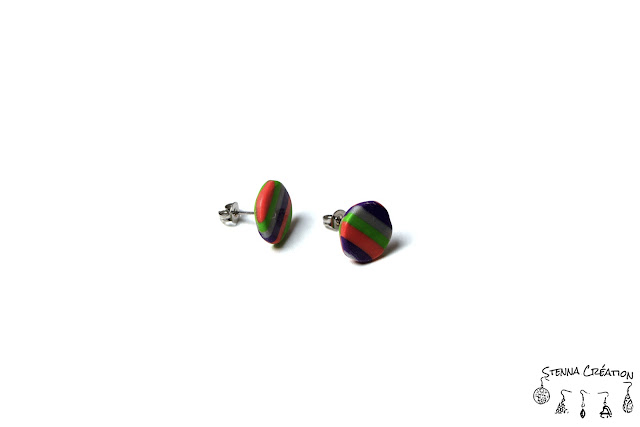 Boucles d'oreilles pâte polymère rayures violet vert corail argent Cernit Fimo Stenna Création