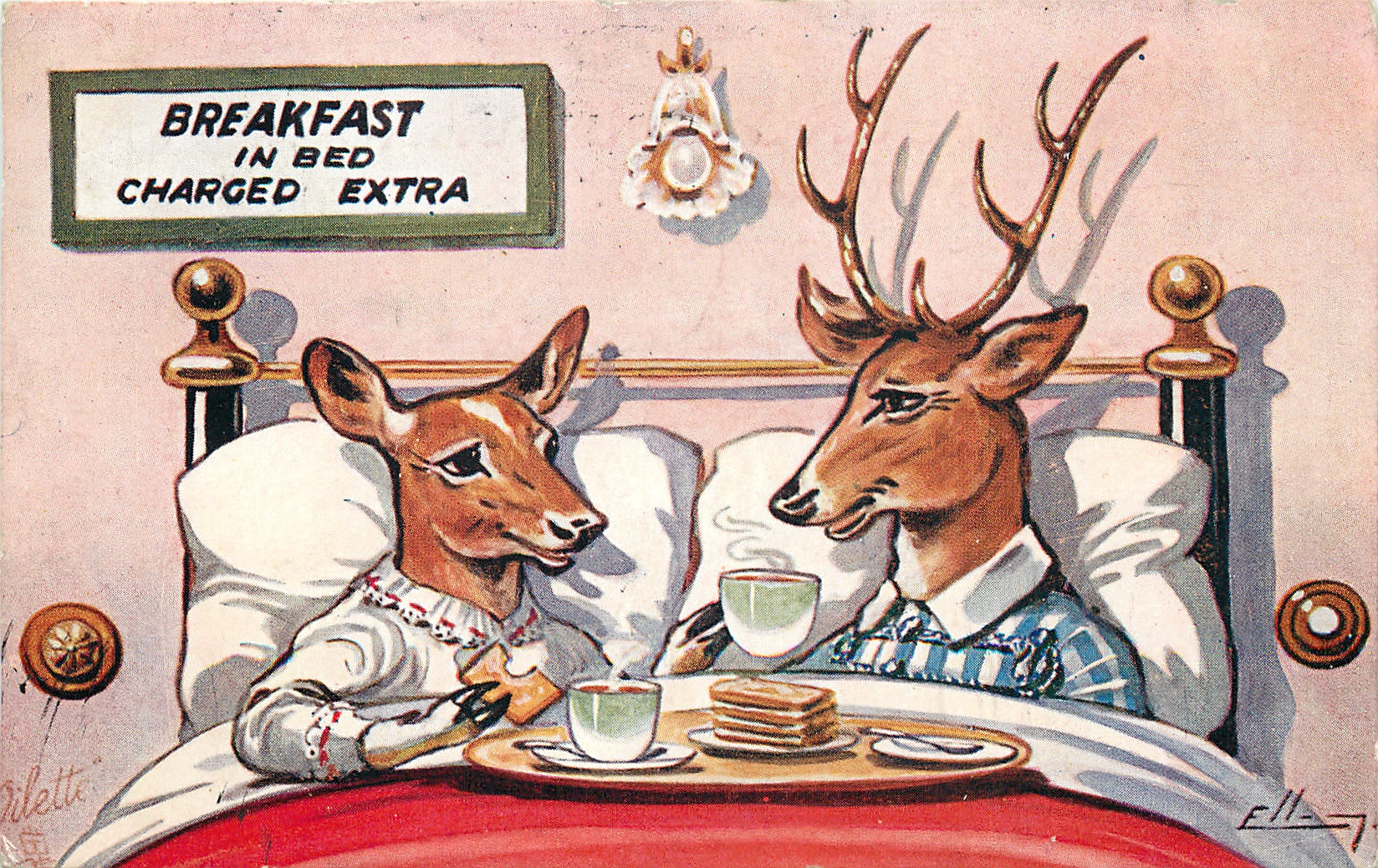 Breakfast in Bed Charged Extra Cute Animal Vintage Postcards From the