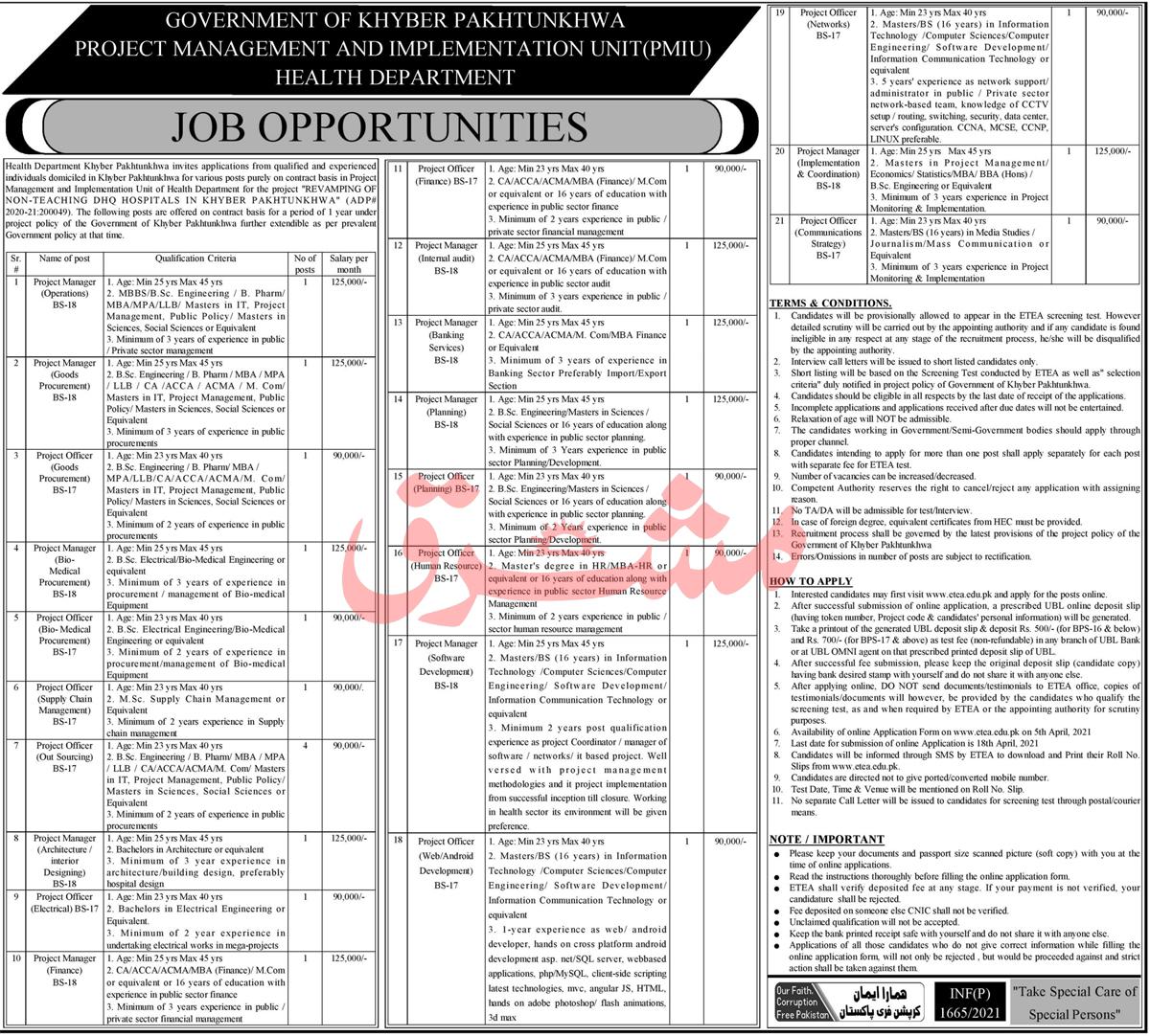 Health Department Jobs April 2021| Apply Online | KPK Jobs | PROJECT MANAGEMENT AND IMPLEMENTATION UNIT(PMIU), Health Department Health Department Jobs April 2021| Apply Online | KPK Jobs | PROJECT MANAGEMENT AND IMPLEMENTATION UNIT(PMIU), Health Department