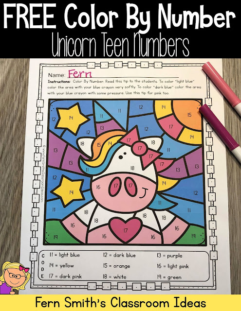 If you are looking for a PRINTABLE Distance Learning worksheet to include in your take home packets, during this difficult time, you and your Kinders will love this Unicorn Teen Numbers Color By Number. By Fern Smith's Classroom Ideas.