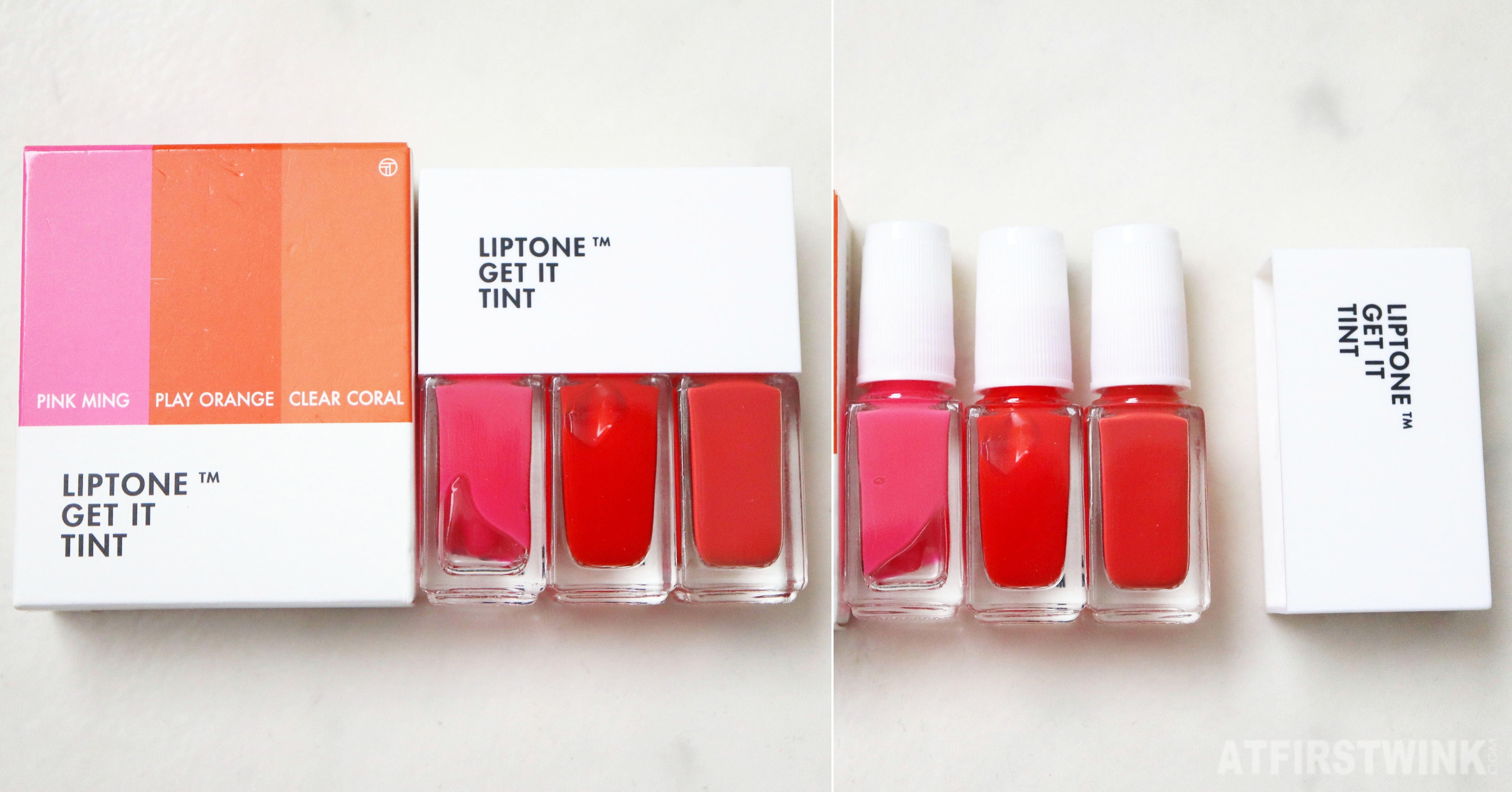 TONYMOLY liptone get it tint mini trio packaging cap removed nail polish bottle like glass