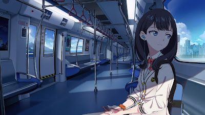 Anime girl on the train listening to music