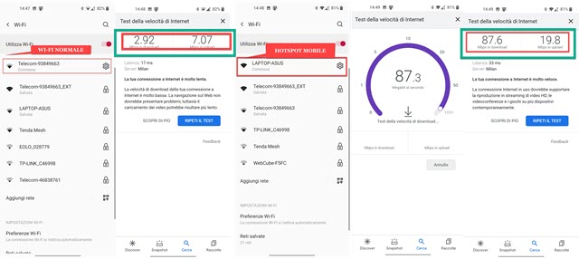 velocità della connessione con wi-fi domestico e con hotspot mobile