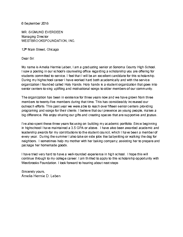 college scholarship cover letter