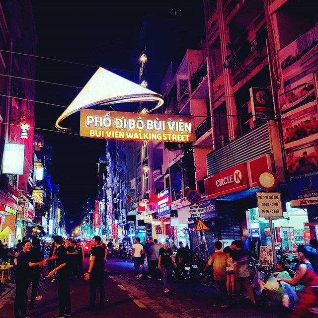 Bui Vien Street bustling at night. 