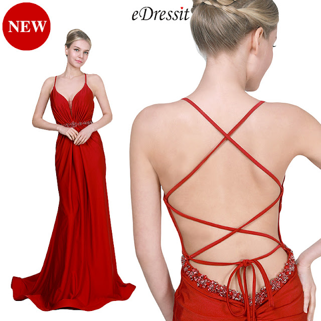 NEW RED SPAGHETTI STRAPS V-CUT PARTY EVENING DRESS