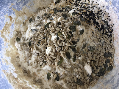 Dry ingredients for the seeded batard, including a variety of seeds