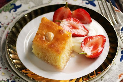 Semolina cake with strawberries in rose syrup (Basbousa) recipe Semolina cake with strawberries in rose syrup Semolina cake with strawberries in rose syrup (Basbousa) recipe