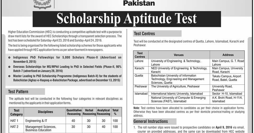 HEC Pakistan Scholarship Aptitude Test To Draw Merit List For The Award Of HEC Scholarships