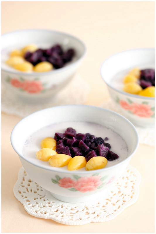 Foodagraphy. By Chelle.: Steamed milk with egg whites and purple sweet ...