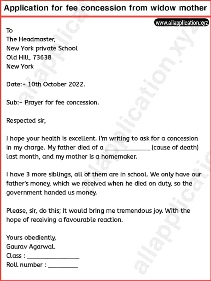 Application For Fee Concession From Widow Mother (2 EXAMPLES).