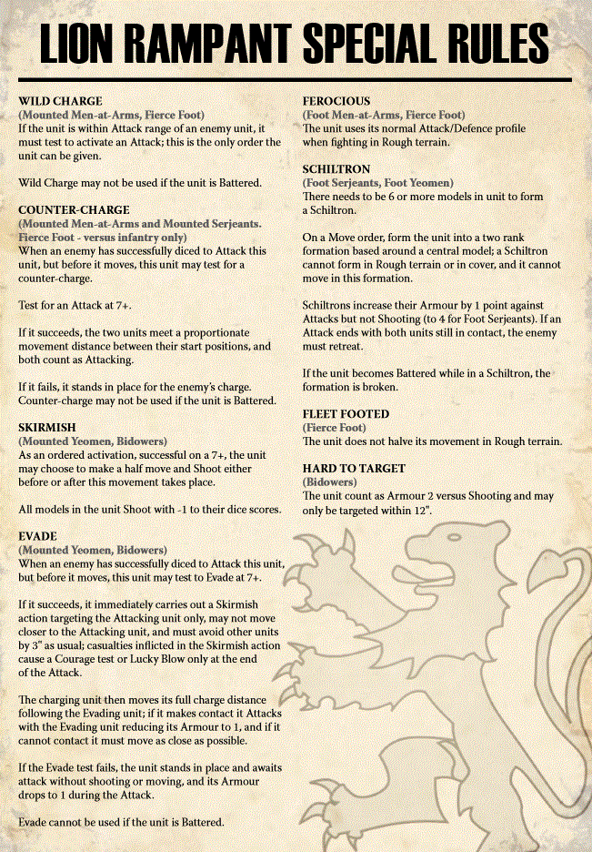 oldSarges Wargame and Model blog Lion Rampant Reference sheet