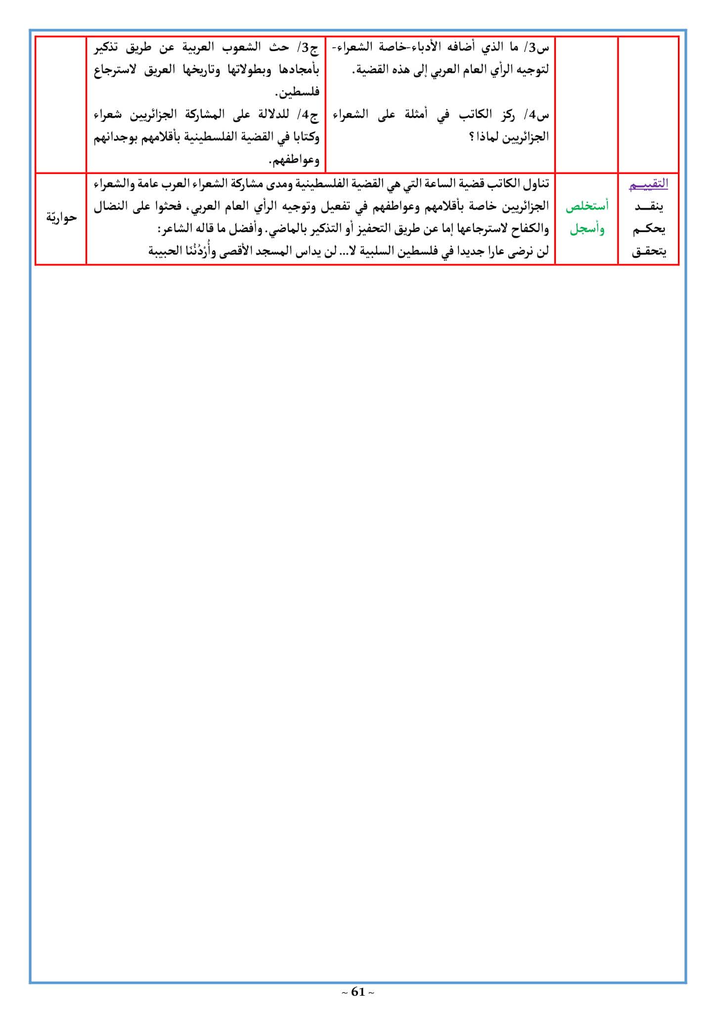 تحضير فلسطين في الشعر الجزائري 3 ثانوي علمي صفحة 102