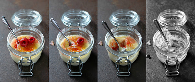 Crème brûlée mit Himbeeren nach der Sous-Vide  Methode.