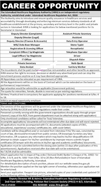 IHRA  Islamabad Healthcare Regulatory Authority Jobs 2021
