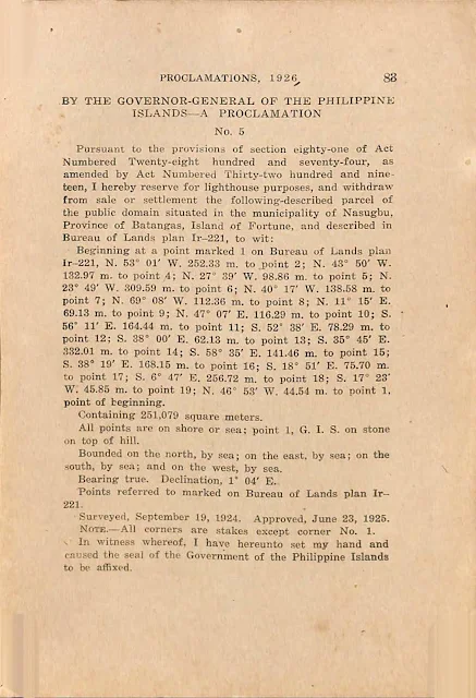 Proclamation No. 5 series of 1926 reserving Fortune Island for lighthouse use, English version.