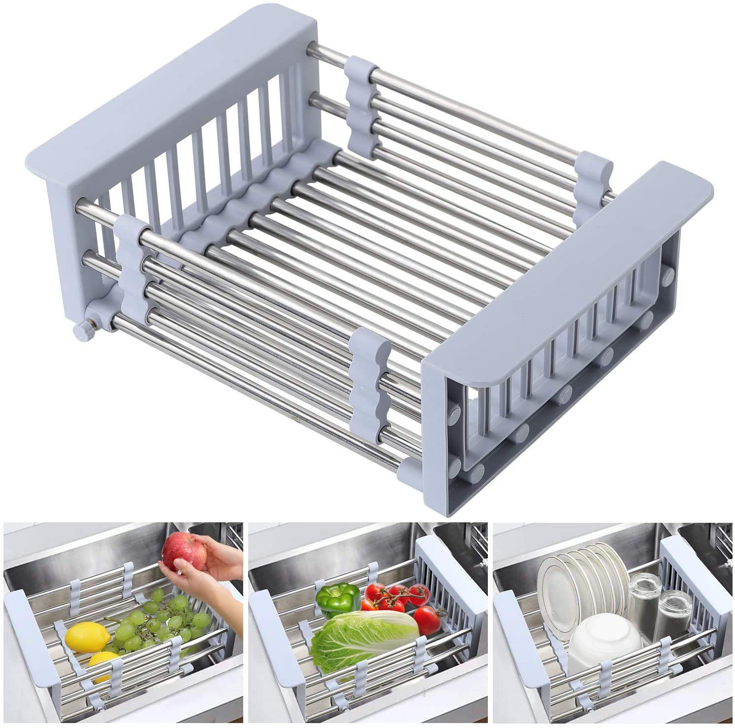 Kitchen Dish Drying Rack Adjustable Dish Drainer Stainless Steel Sink Rack  Fruit Vegetable Retractable Organizer Basket tool